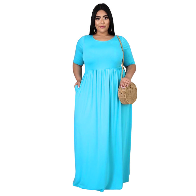 Net color pleated big swing short sleeve long large size dress
