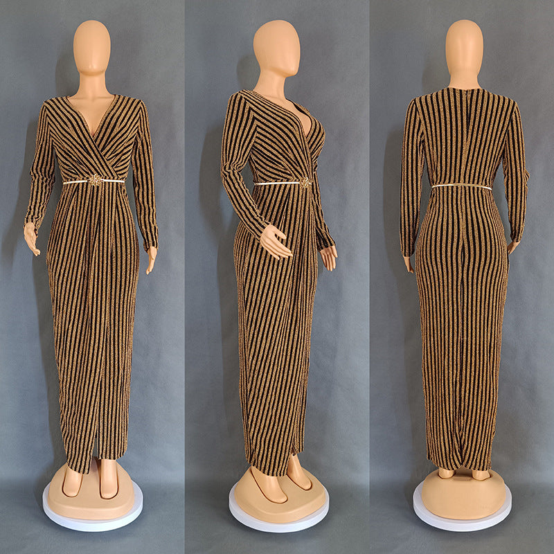 Women's Dress Gold And Silver Silk Striped Sheath Dress