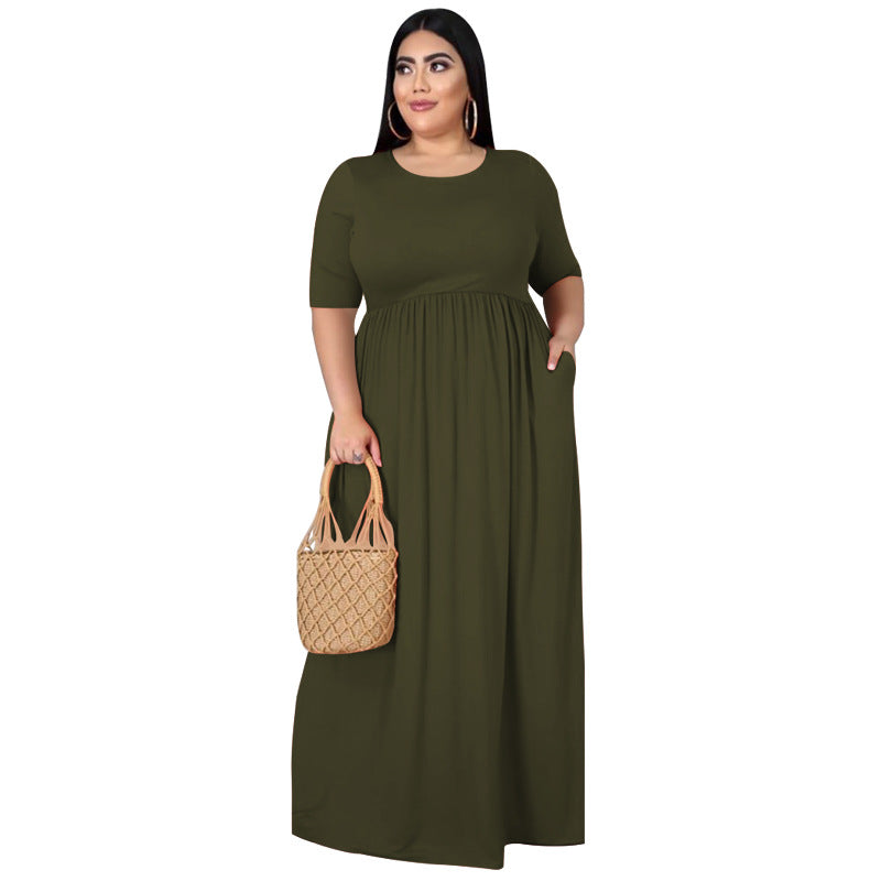 Summer Solid Color Round Neck Loose Casual Dress