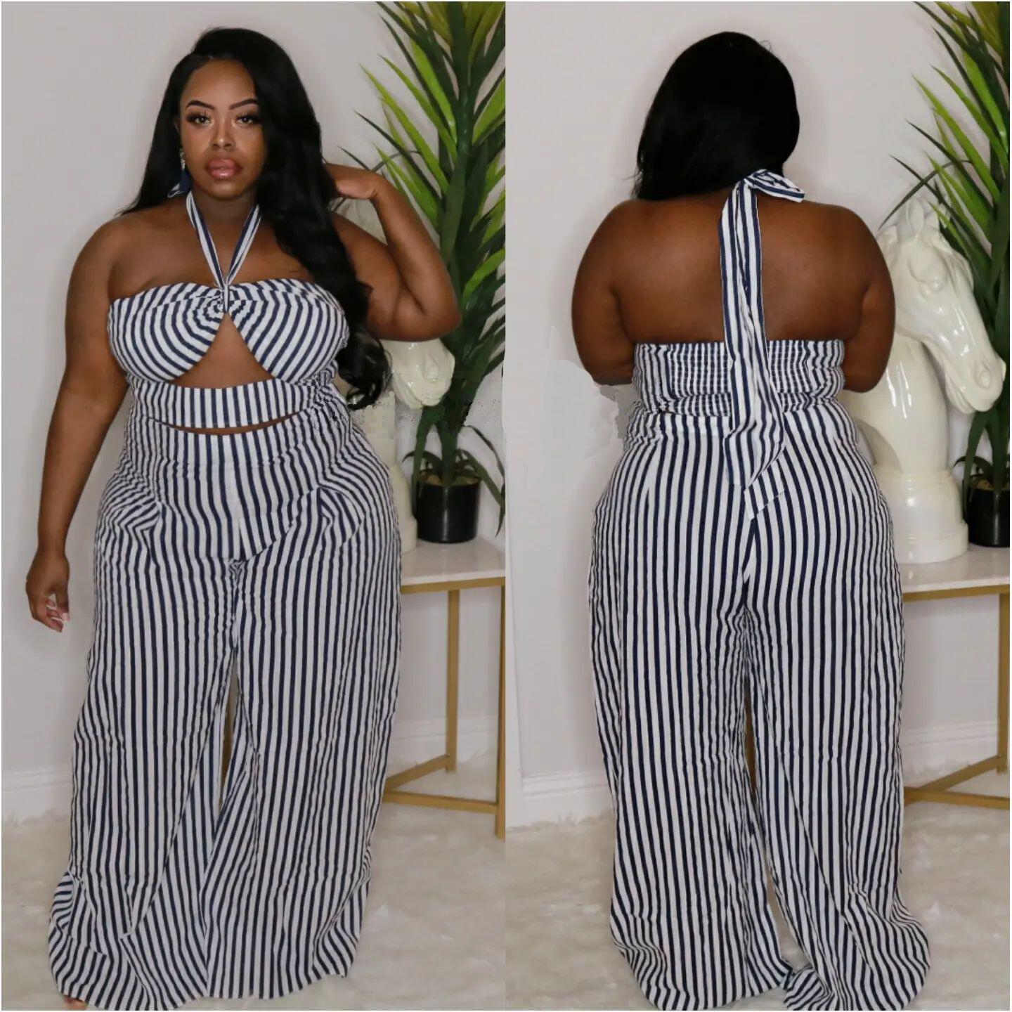 Plus Size Sexy Black White Stripes Two-Piece Set Nightclub Uniforms