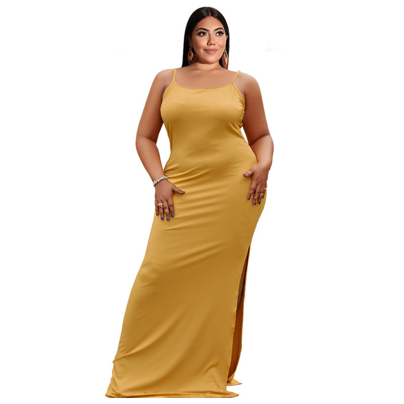 Plus Size Women Clothes Summer Sunken Stripe Sleeveless Split Sexy Tight Dress