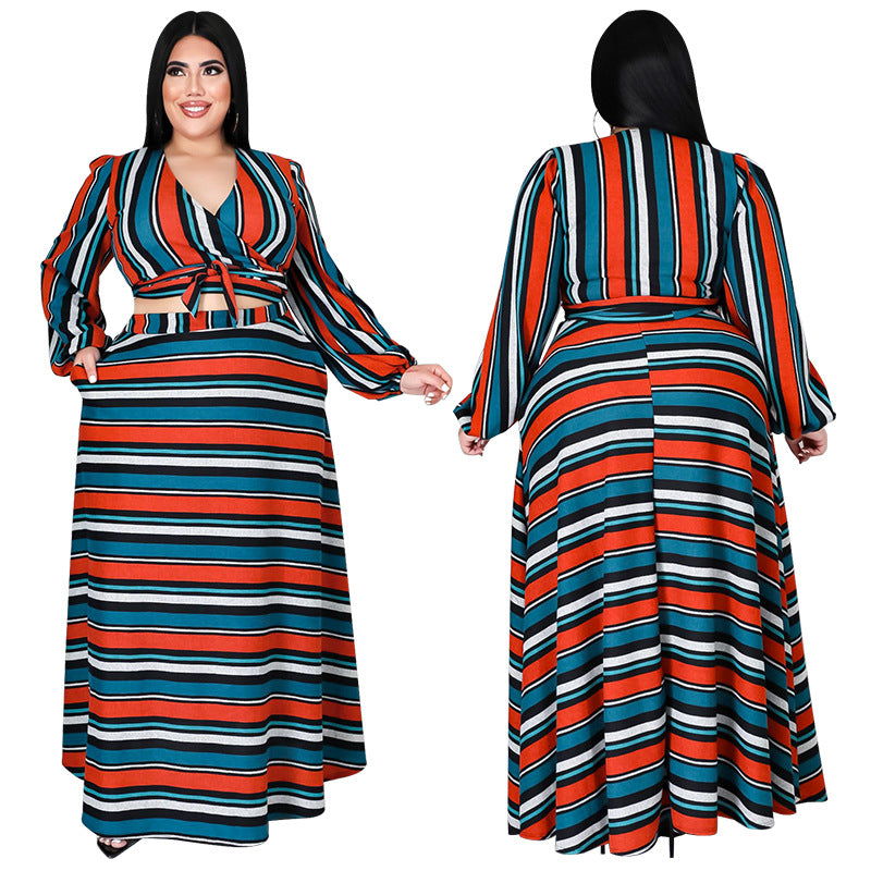 Plus Size Plus Size Women Clothing Autumn Striped Printed Long Sleeves Long Skirt Set