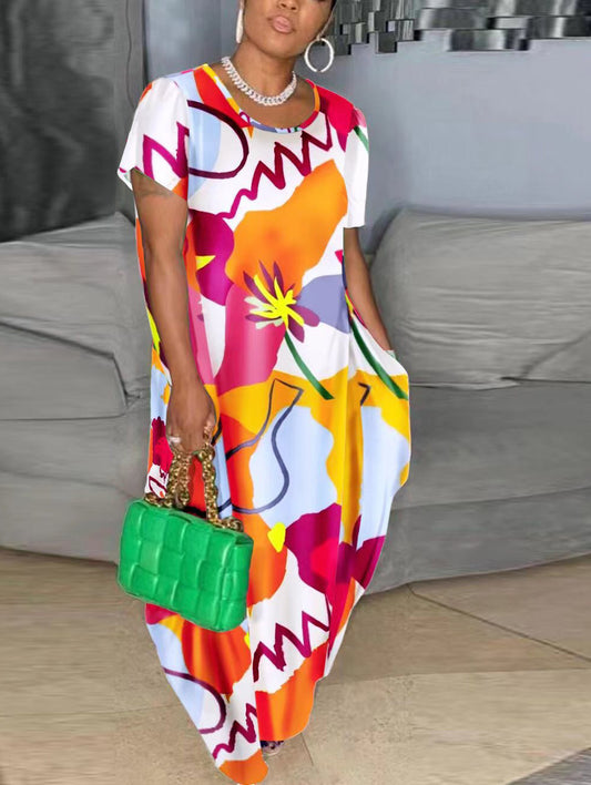 Plus Size Summer Classic Graceful Fashionable Short Sleeve Maxi Dress