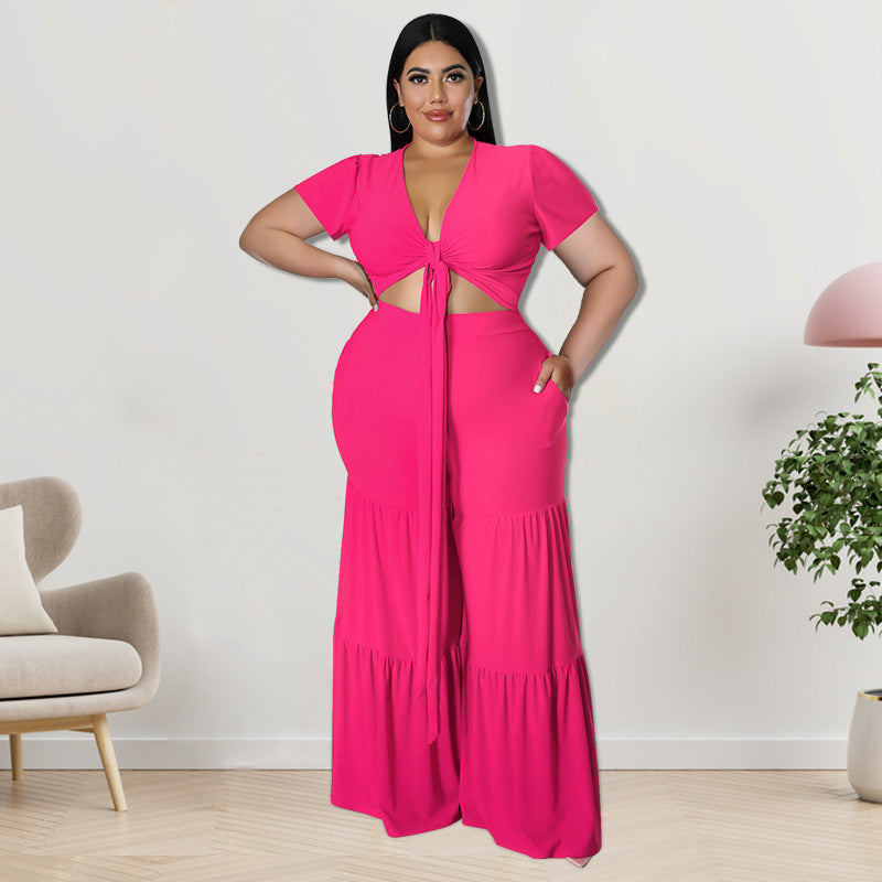 Plus Size Women Clothes Summer Two-Piece Suit Wide-Leg Pants