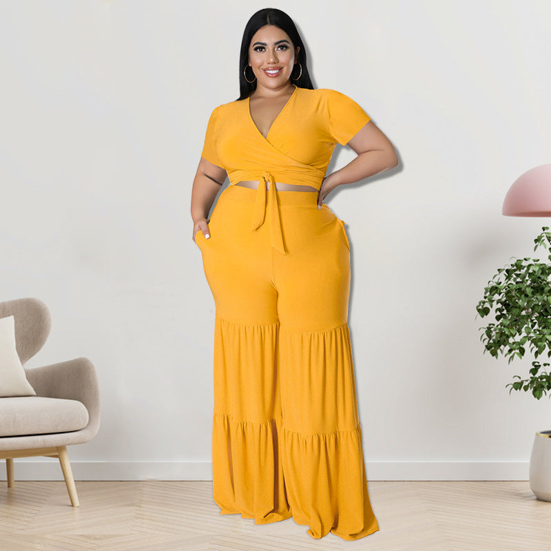 Plus Size Women Clothes Summer Two-Piece Suit Wide-Leg Pants