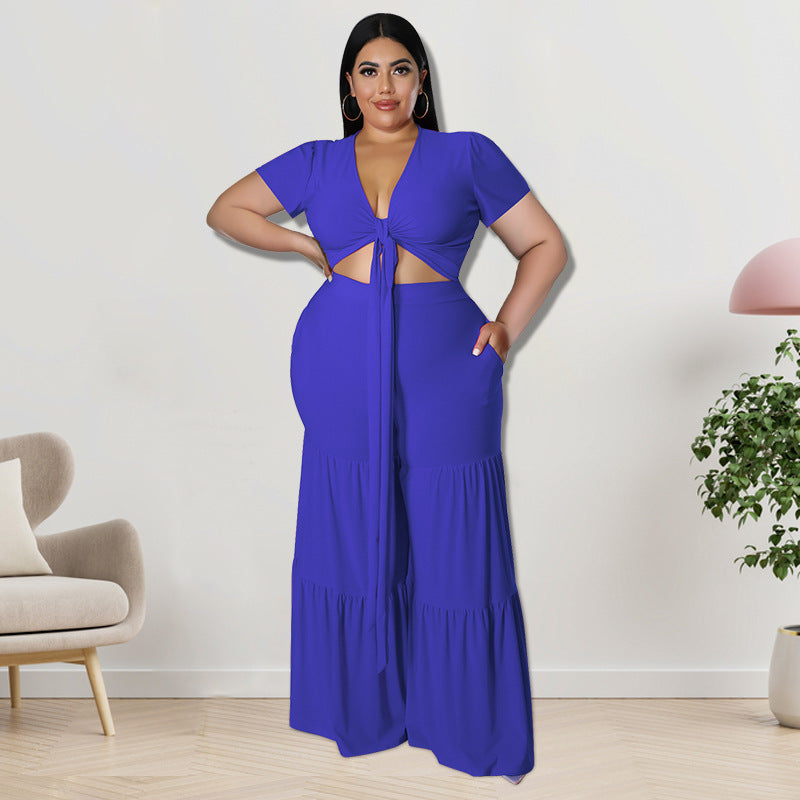 Plus Size Women Clothes Summer Two-Piece Suit Wide-Leg Pants