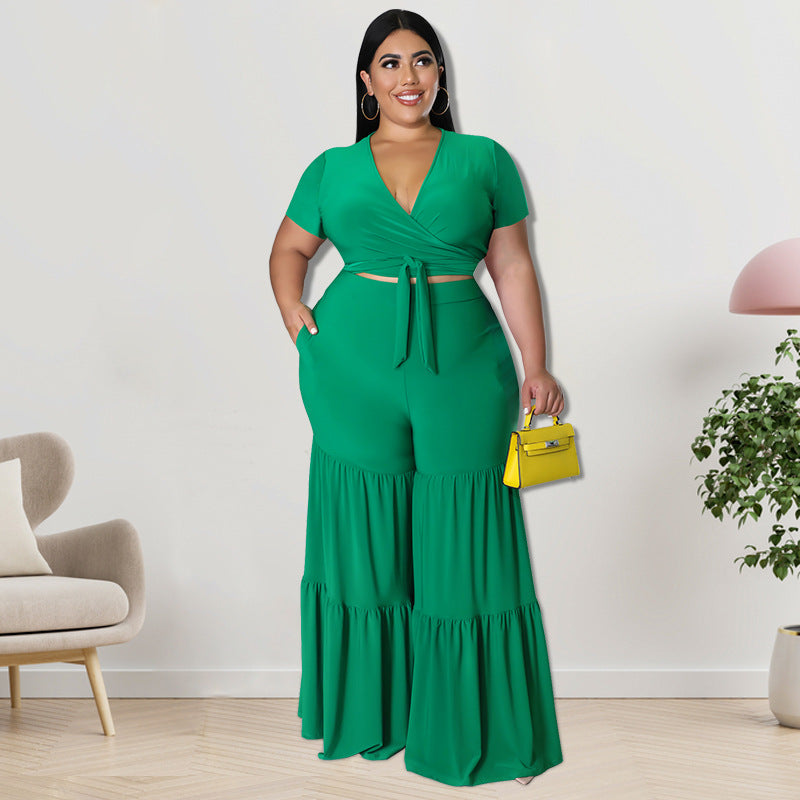 Plus Size Women Clothes Summer Two-Piece Suit Wide-Leg Pants