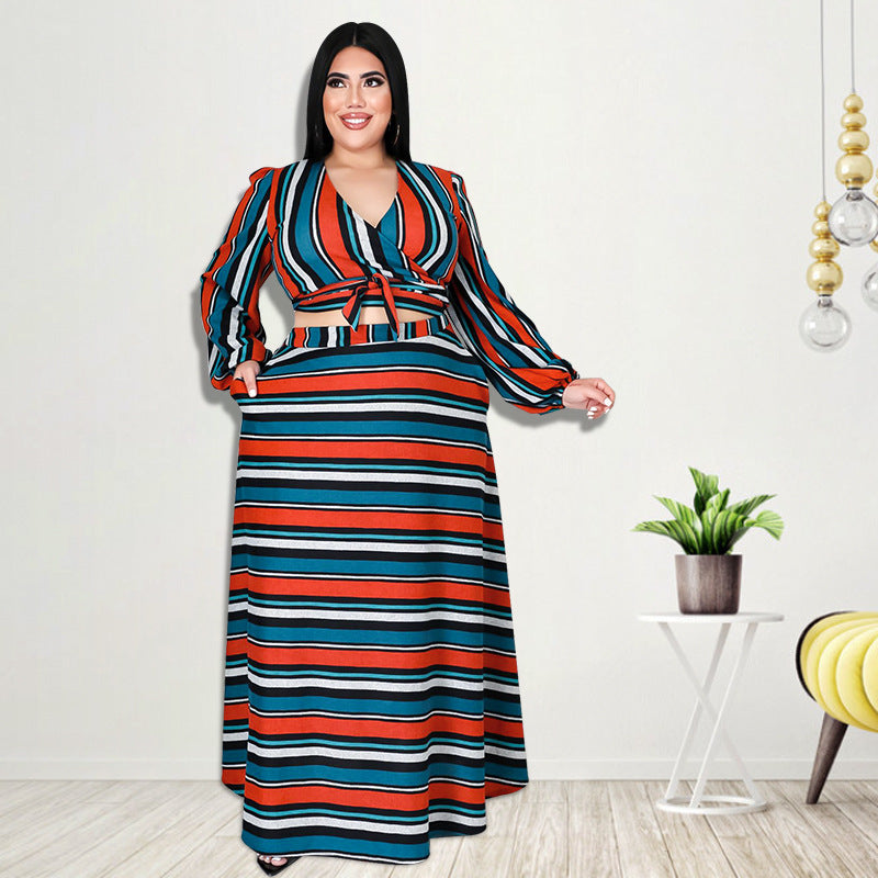 Plus Size Plus Size Women Clothing Autumn Striped Printed Long Sleeves Long Skirt Set