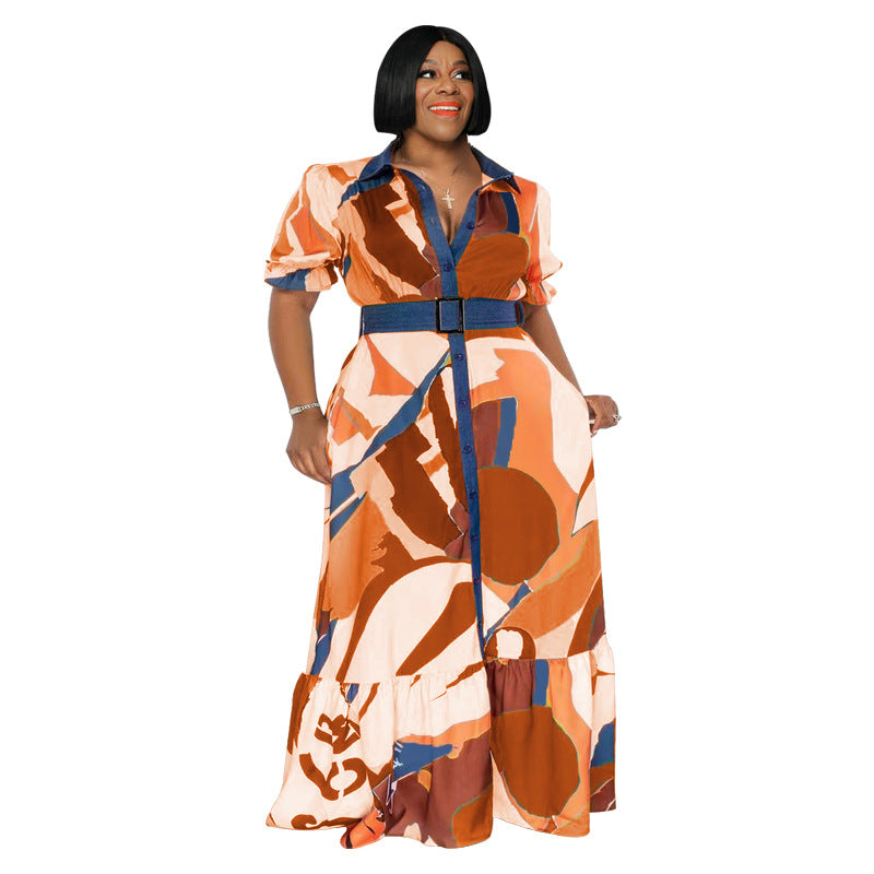 Plus Size Summer Color Printing with Belt Loose Women Clothing Dress