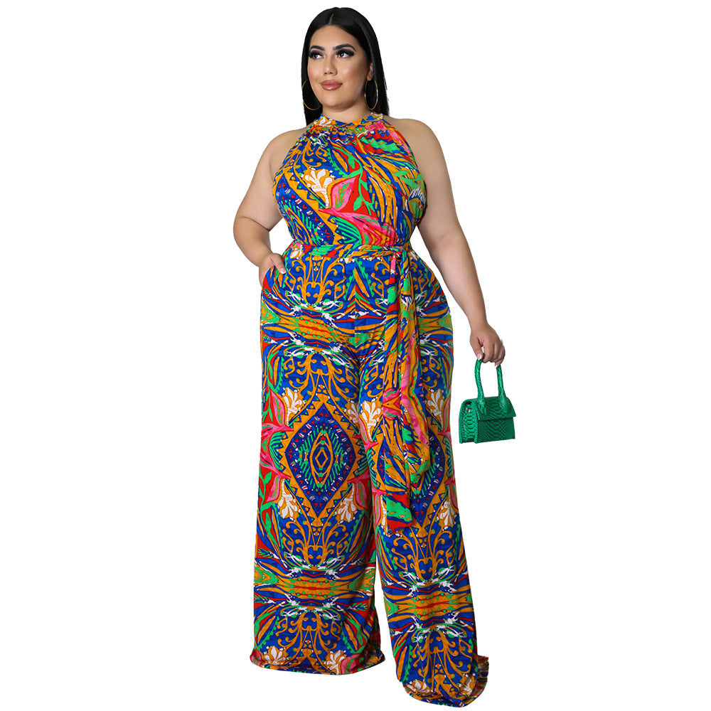 Casual Halter neck Printed with Belt Jumpsuit