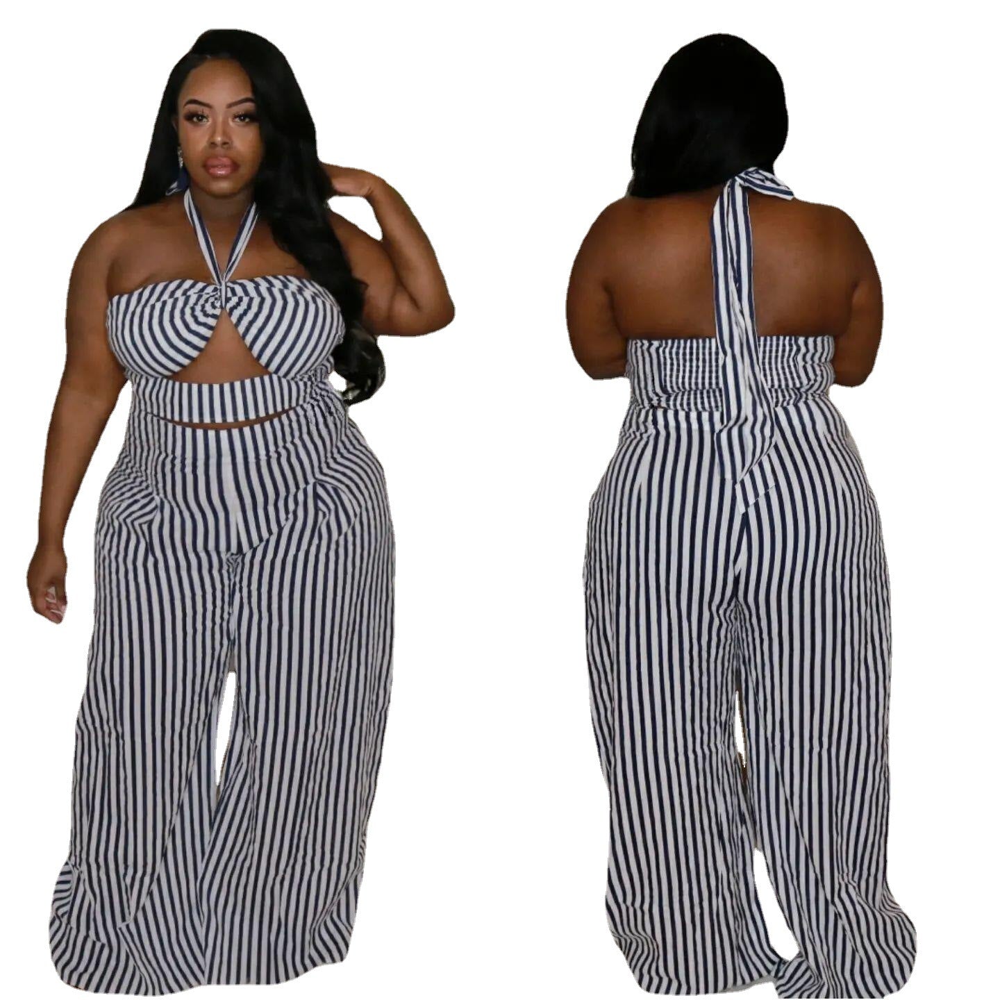 Plus Size Sexy Black White Stripes Two-Piece Set Nightclub Uniforms