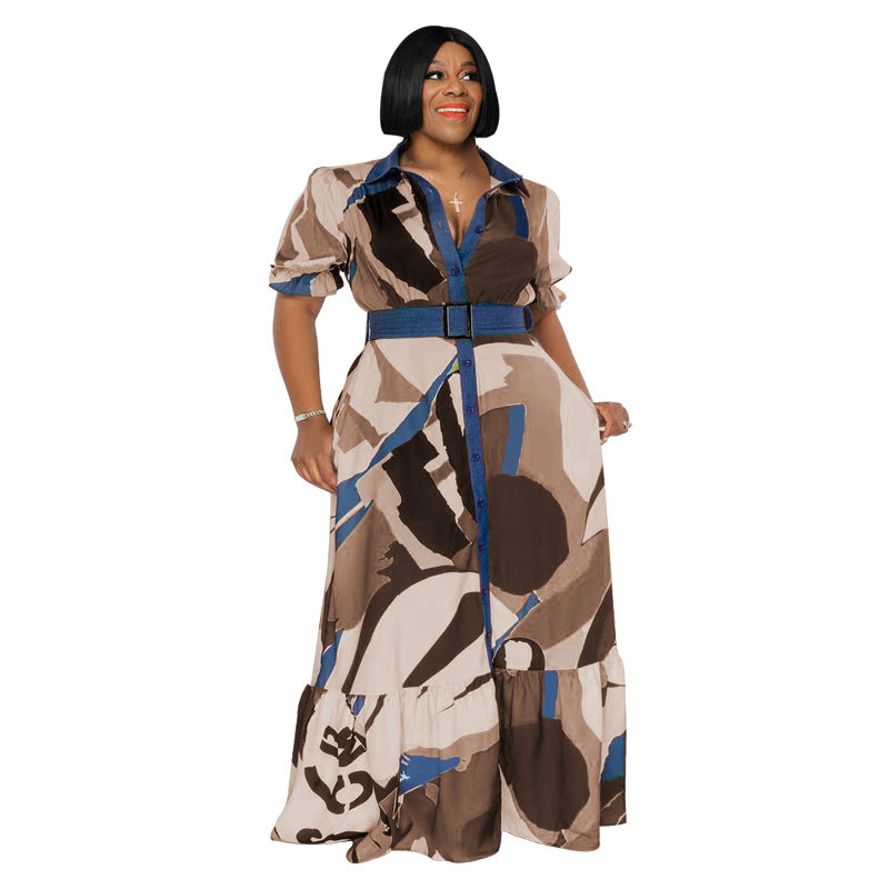 Plus Size Summer Color Printing with Belt Loose Women Clothing Dress