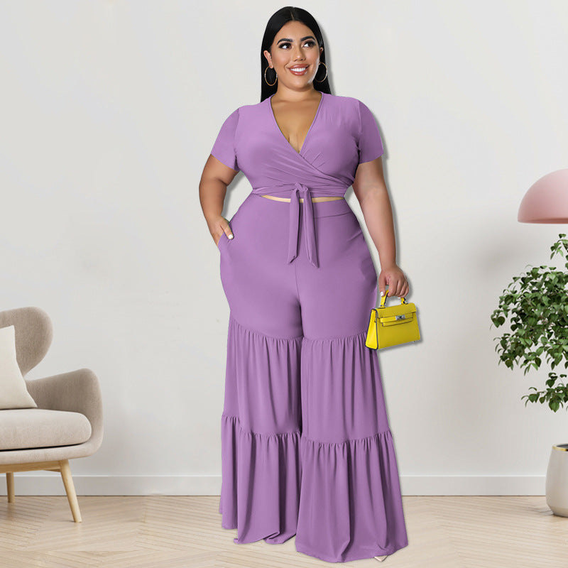 Plus Size Women Clothes Summer Two-Piece Suit Wide-Leg Pants