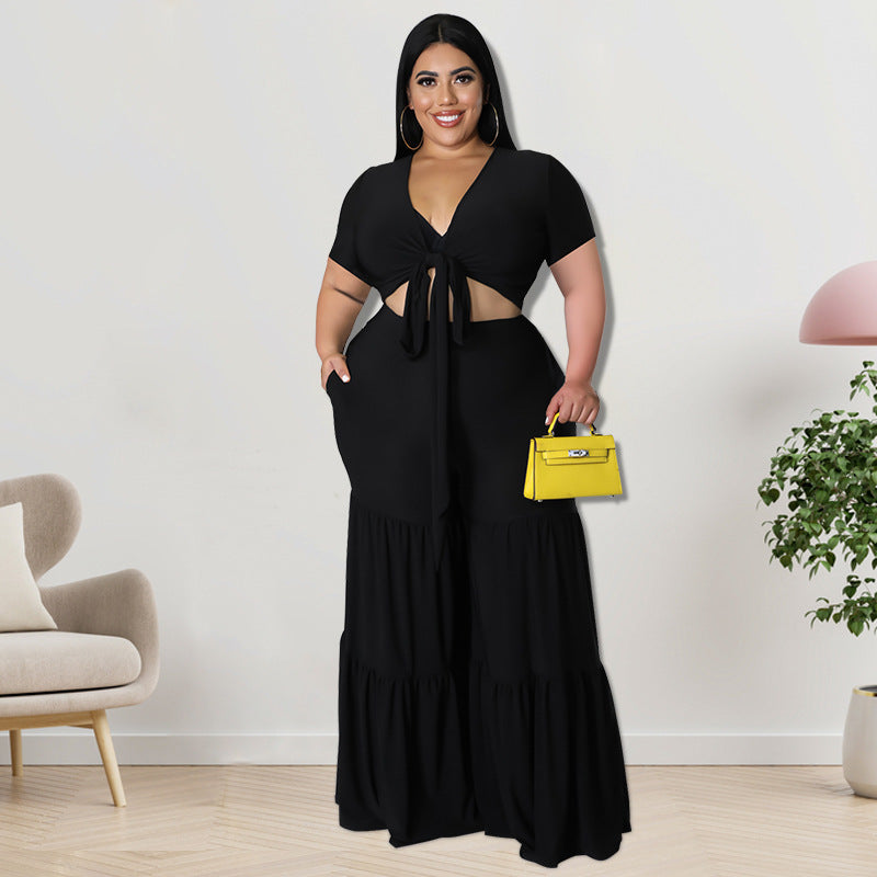 Plus Size Women Clothes Summer Two-Piece Suit Wide-Leg Pants