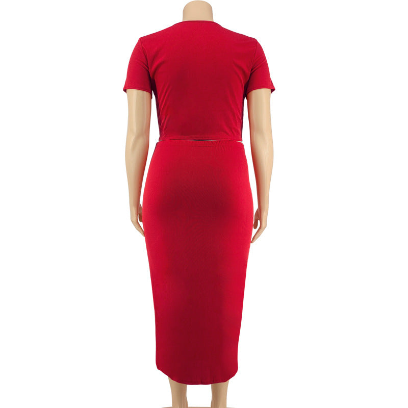 Women's Midriff-baring Top Mid-length Dress Set