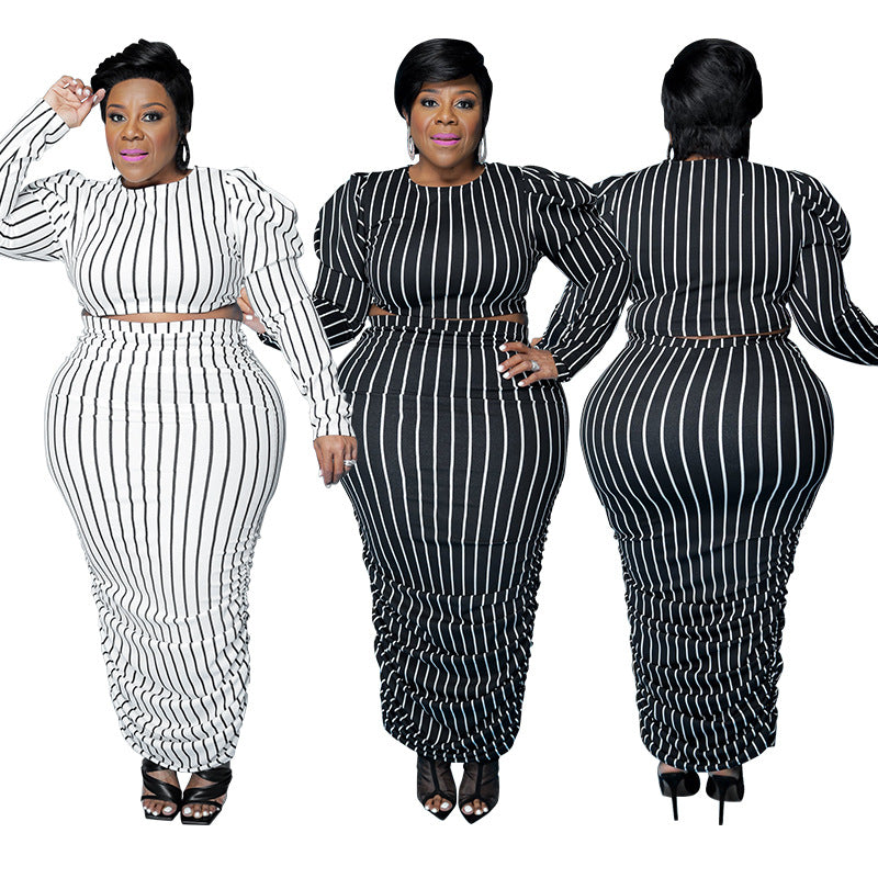 Plus Size Women Clothing Summer Striped Printed Bubble Long Sleeve Casual Suit