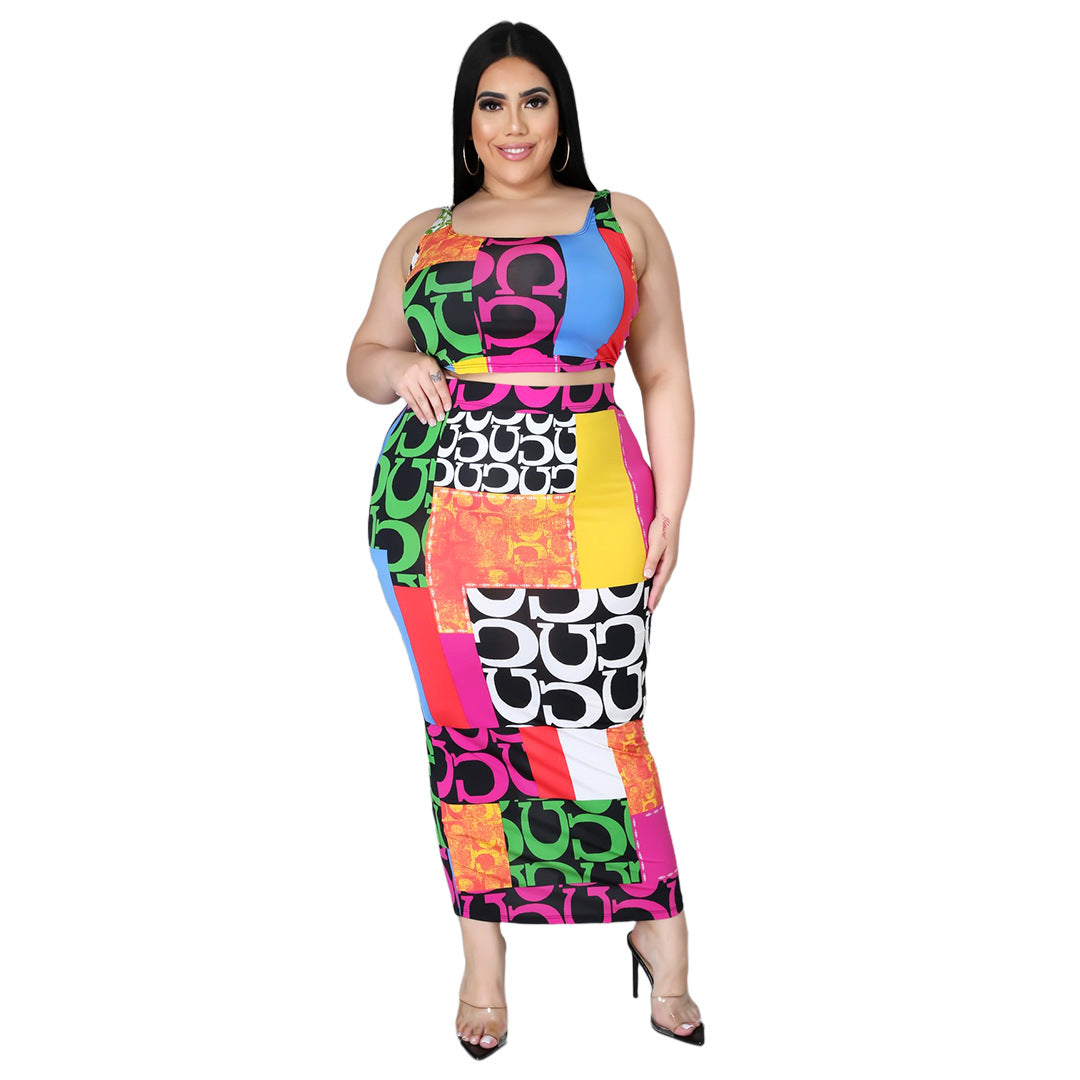 Plus Size Women Leopard Print Letter Graphic Print Vest Split Skirt Set