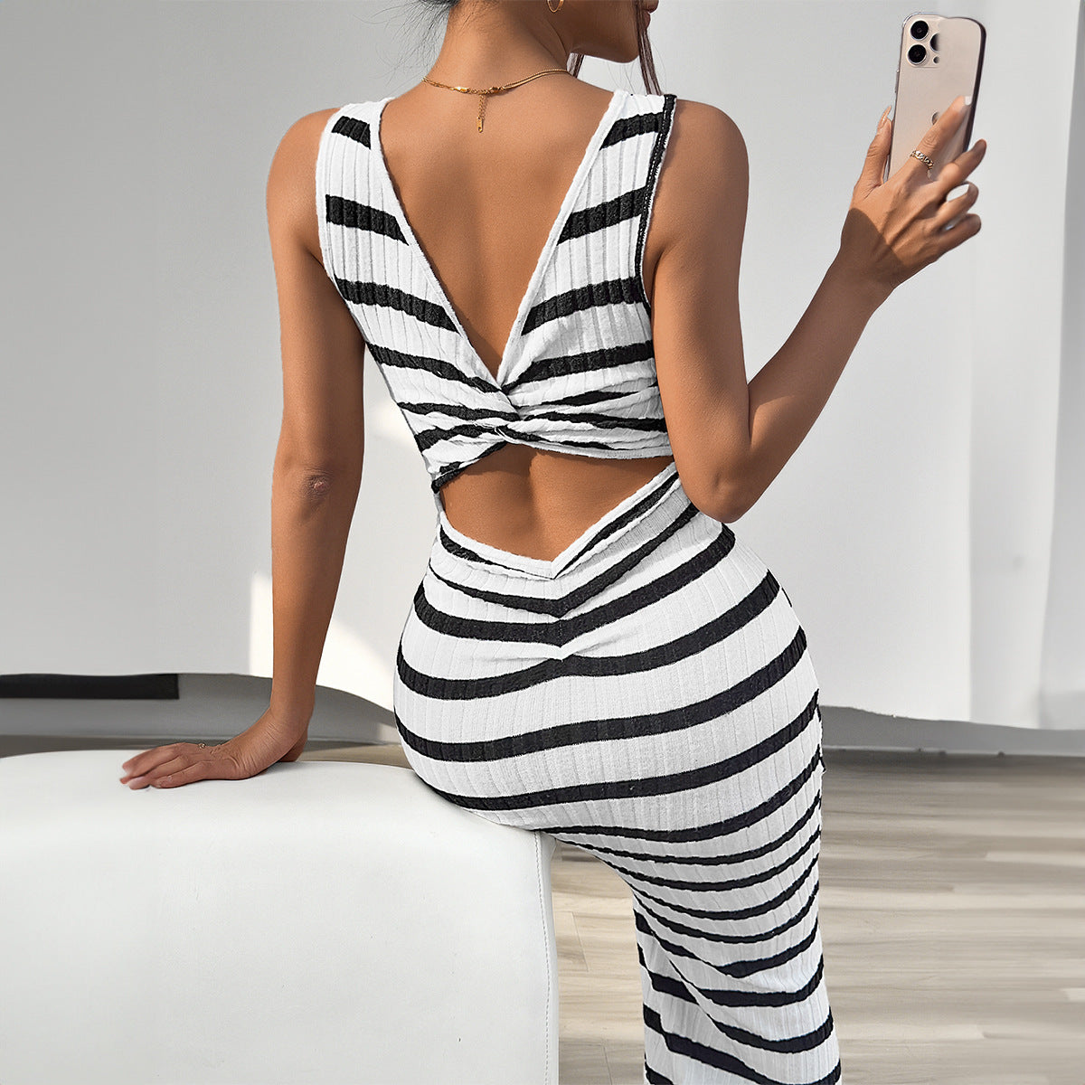 Women Clothing Spring/Summer Casual Slim Striped Sleeveless Dress