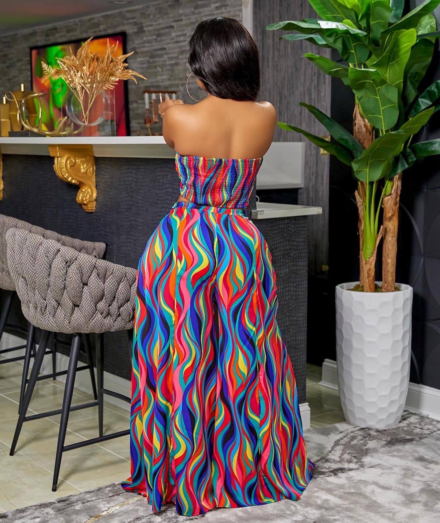 Summer Colorful Printing Lace Up Tube Top Wide Leg Pants Suit