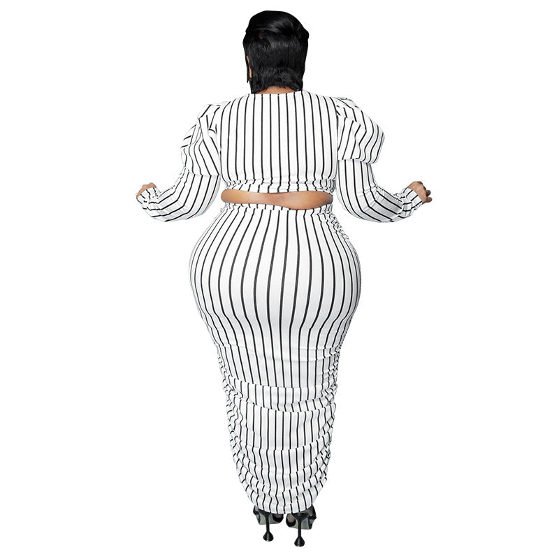 Plus Size Women Clothing Summer Striped Printed Bubble Long Sleeve Casual Suit